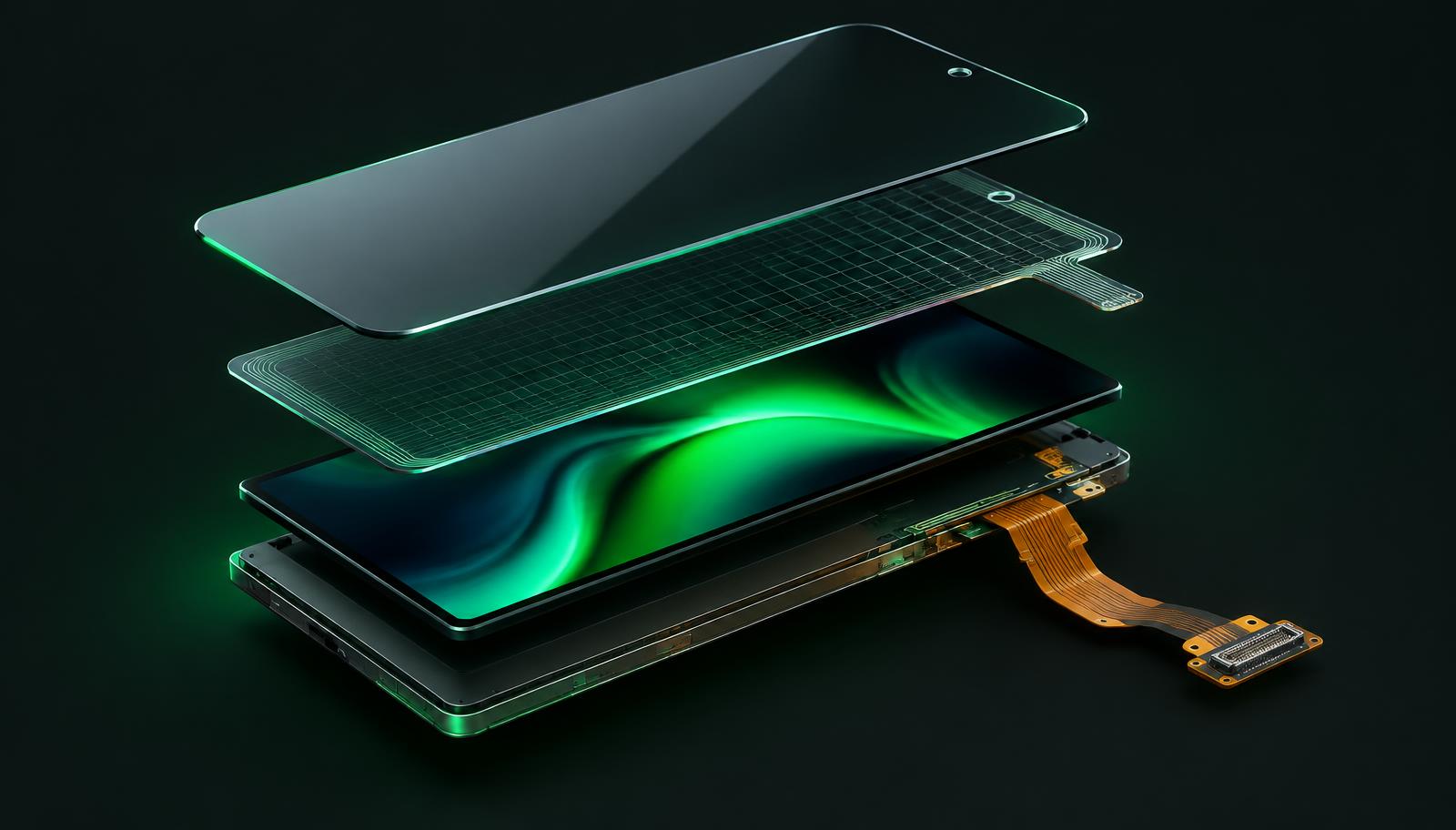 Aufbau einer iPhone-Displayeinheit: Schutzglas, Touch-Ebene, OLED-Panel und Flexkabel
