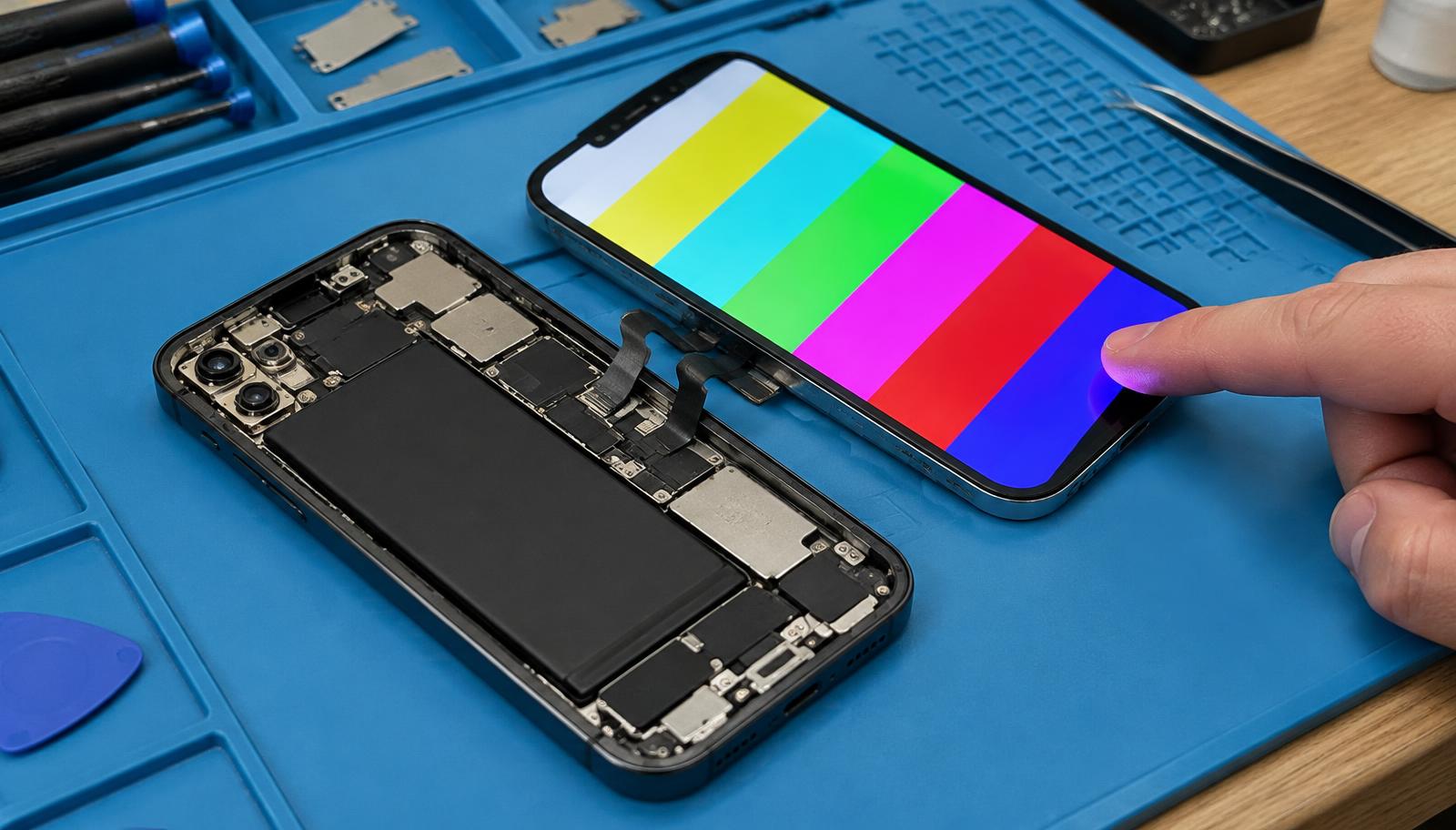 Ersatzdisplay wird vor dem Verkleben mit Testbild und Touch-Prüfung getestet